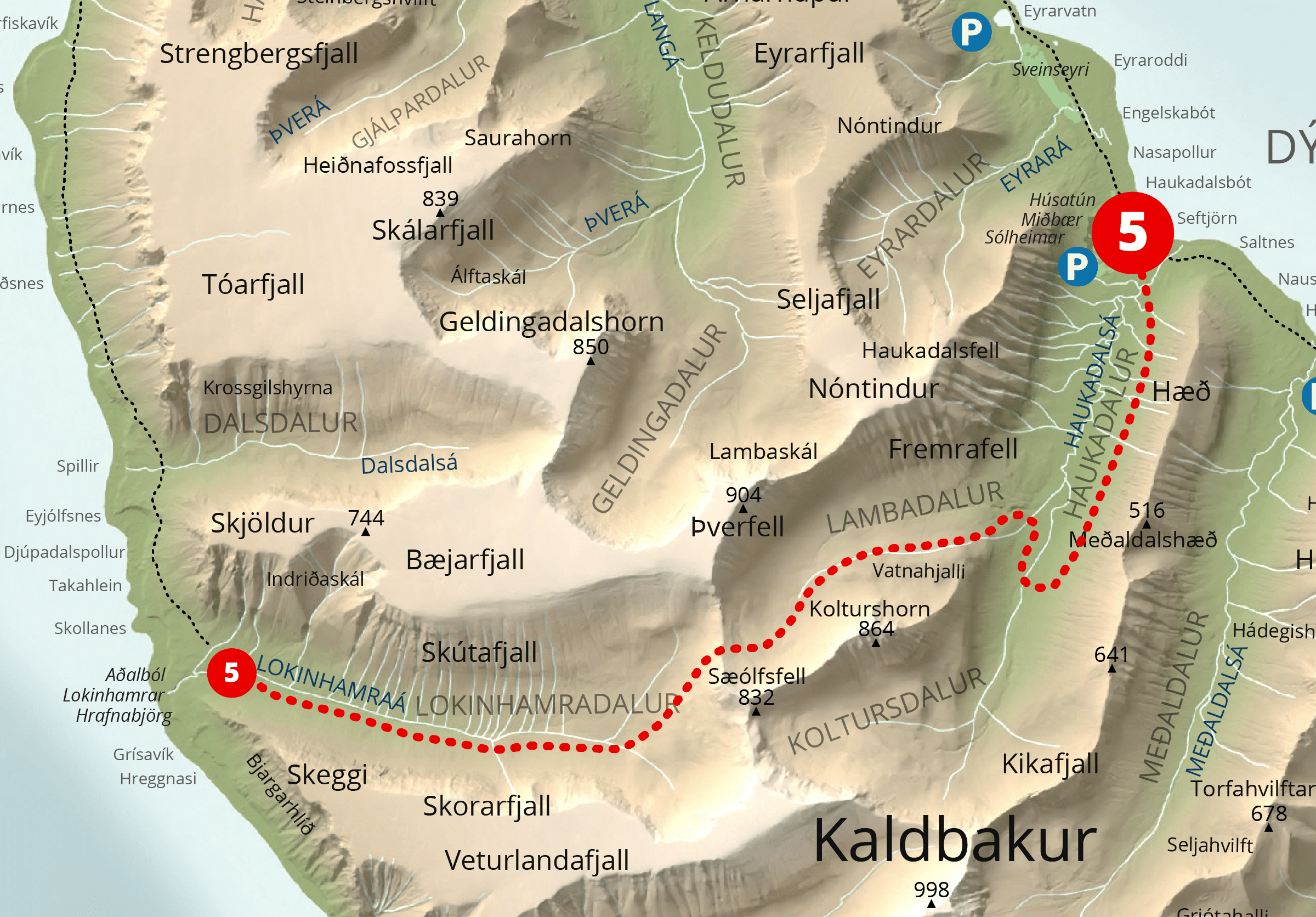 Kort af gönguleið, Haukadalur-Lokinhamradalur-Detail