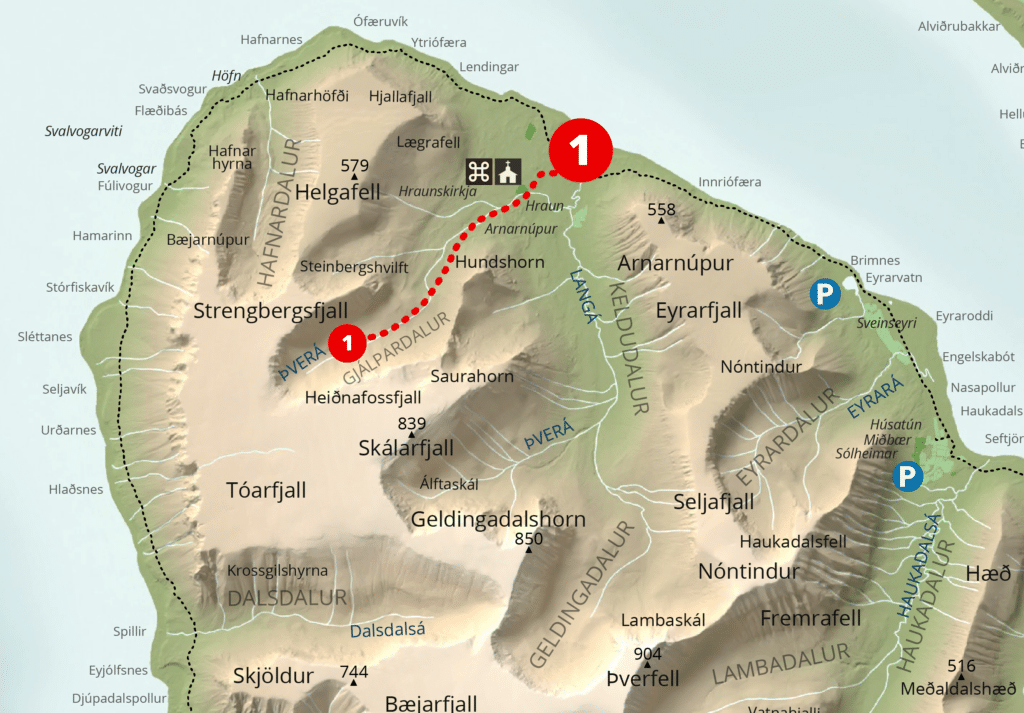Kort af gönguleið, Keldudalur-Gjálpardalur