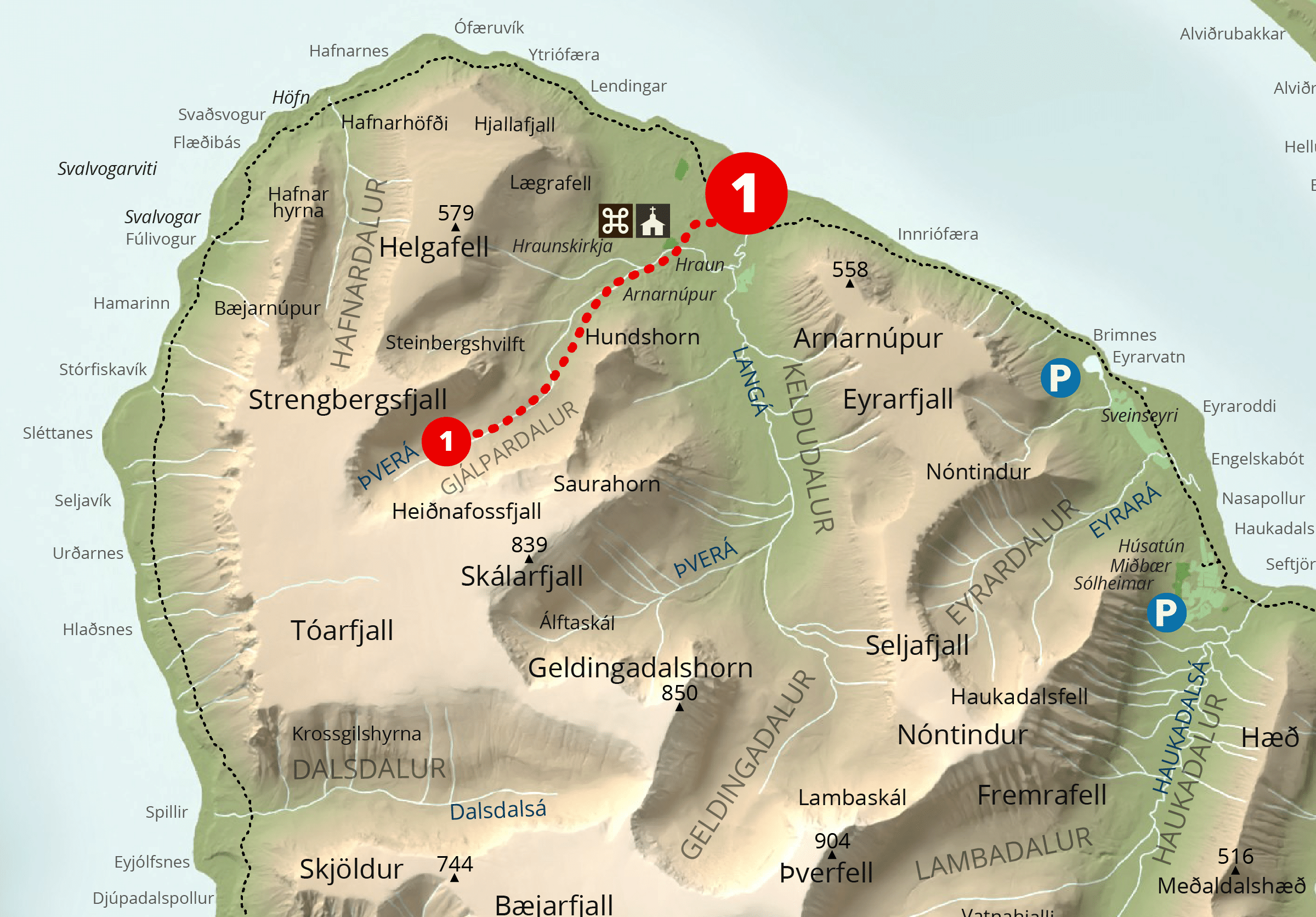 Kort af gönguleið, Keldudalur-Gjálpardalur