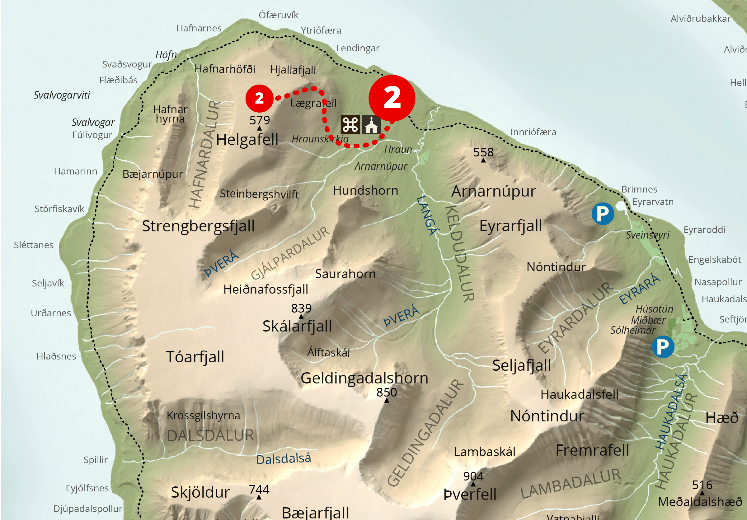 Kort af gönguleið, Keldudalur-Helgafell