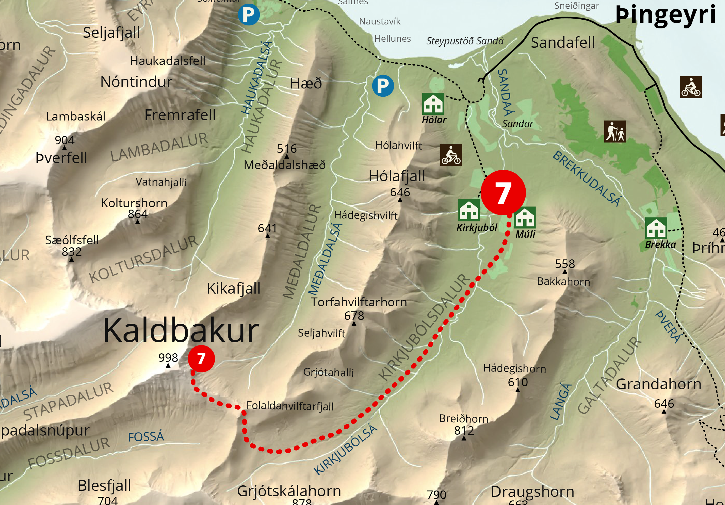 Kort af gönguleið, Kirkjubólsdalur-Kaldbakur