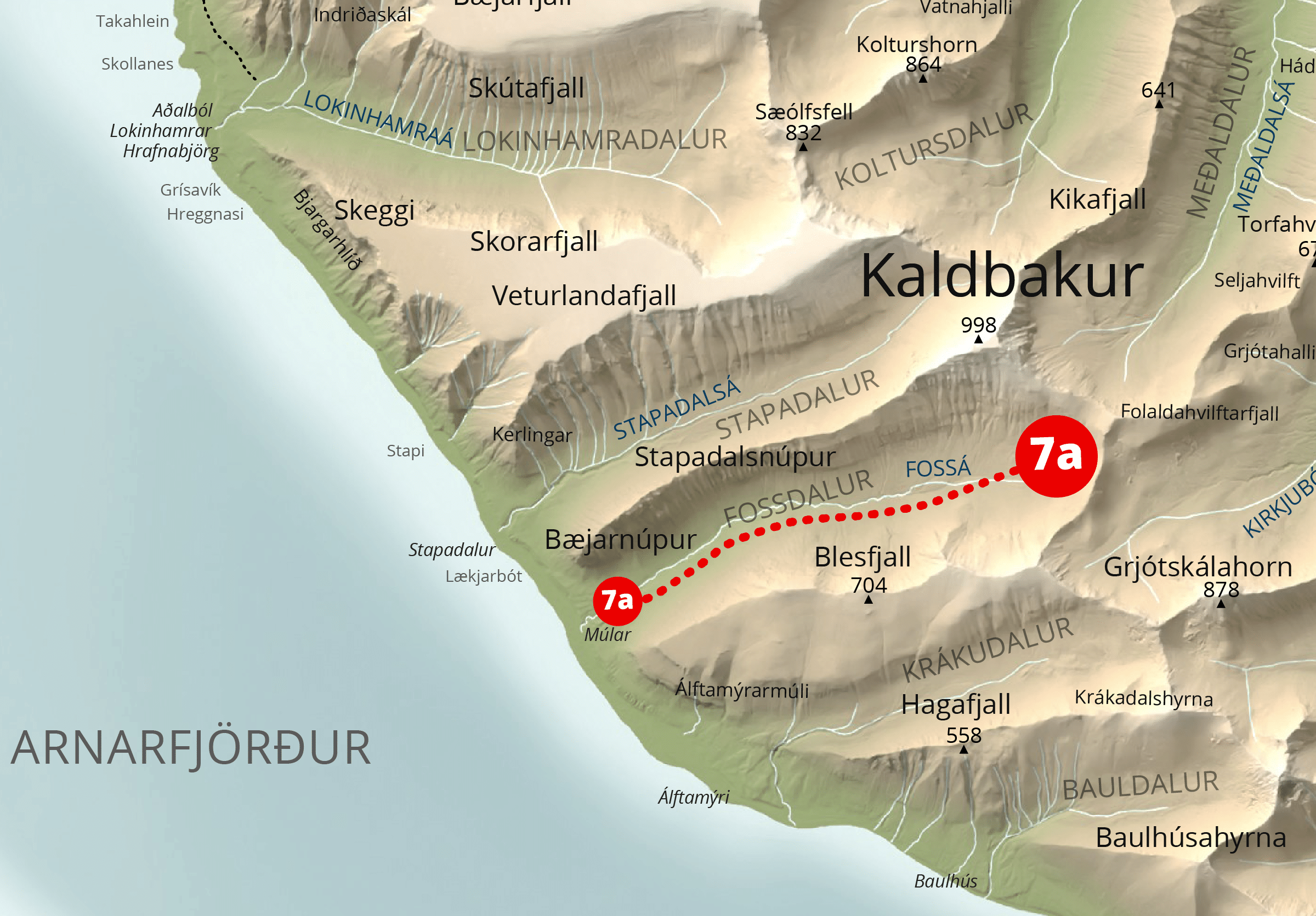 Kort af gönguleið, Kaldbakur úr botni Fossdals